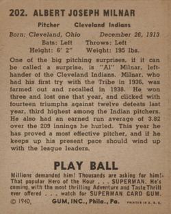 1940 Play Ball #202 Al Milnar Back