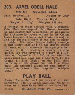 1940 Play Ball #203 Odell Hale Back