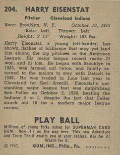 1940 Play Ball #204 Harry Eisenstat Back