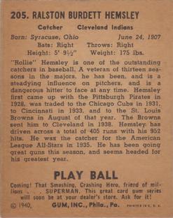 1940 Play Ball #205 Rollie Hemsley Back