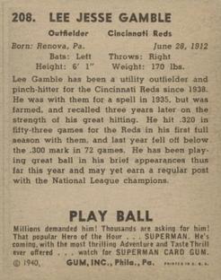 1940 Play Ball #208 Lee Gamble Back