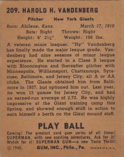 1940 Play Ball #209 Hy Vandenberg Back