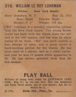 1940 Play Ball #210 Bill Lohrman Back