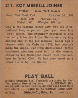 1940 Play Ball #211 Pop Joiner Back