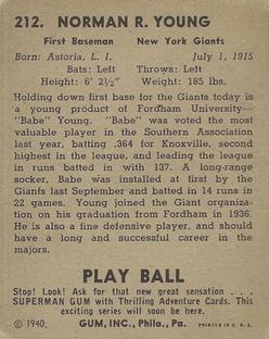1940 Play Ball #212 Babe Young Back