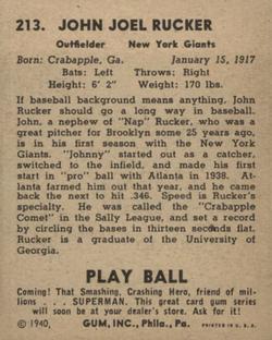 1940 Play Ball #213 John Rucker Back
