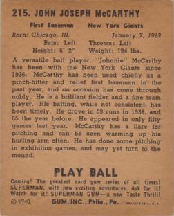 1940 Play Ball #215 Johnny McCarthy Back
