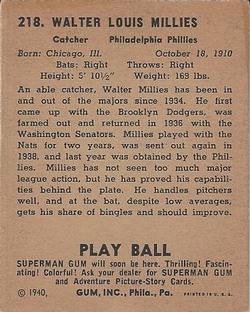1940 Play Ball #218 Wally Millies Back