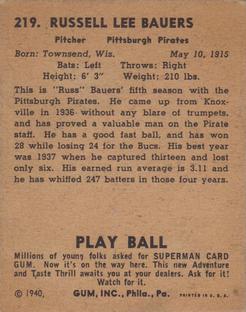 1940 Play Ball #219 Russ Bauers Back