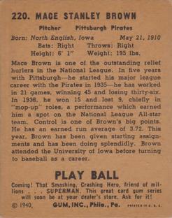 1940 Play Ball #220 Mace Brown Back