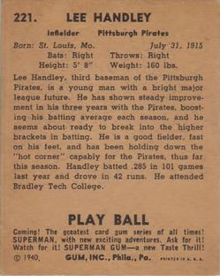 1940 Play Ball #221 Lee Handley Back