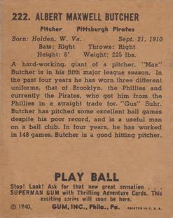 1940 Play Ball #222 Max Butcher Back