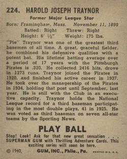 1940 Play Ball #224 Pie Traynor Back
