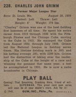 1940 Play Ball #228 Charlie Grimm Back