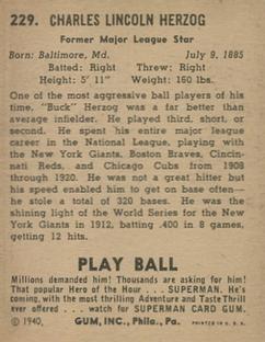 1940 Play Ball #229 Buck Herzog Back