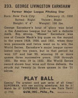 1940 Play Ball #233 George Earnshaw Back