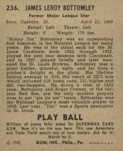 1940 Play Ball #236 Jim Bottomley Back