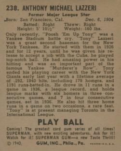 1940 Play Ball #238 Tony Lazzeri Back