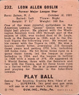 1940 Play Ball #232 Goose Goslin Back