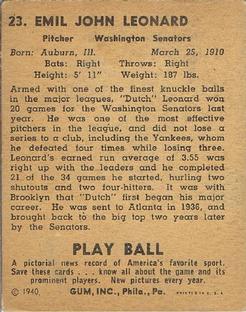 1940 Play Ball #23 Dutch Leonard Back
