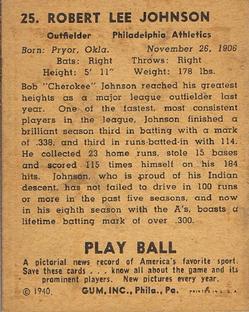 1940 Play Ball #25 Bob Johnson Back