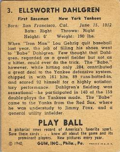 1940 Play Ball #3 Babe Dahlgren Back