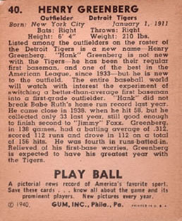 1940 Play Ball #40 Hank Greenberg Back