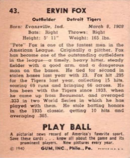 1940 Play Ball #43 Pete Fox Back