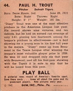 1940 Play Ball #44 Dizzy Trout Back