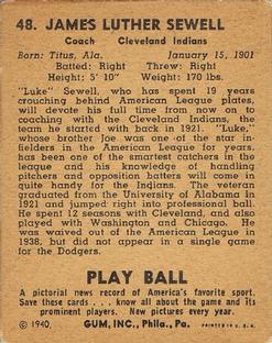 1940 Play Ball #48 Luke Sewell Back