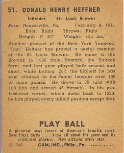 1940 Play Ball #51 Don Heffner Back