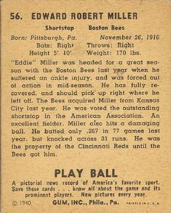 1940 Play Ball #56 Eddie Miller Back