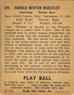 1940 Play Ball #59 Rabbit Warstler Back