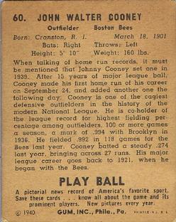 1940 Play Ball #60 Johnny Cooney Back