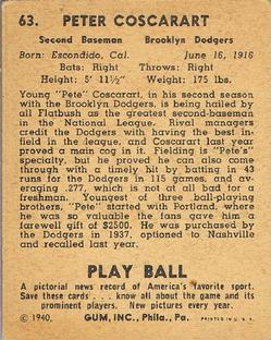 1940 Play Ball #63 Pete Coscarart Back