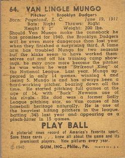 1940 Play Ball #64 Van Mungo Back