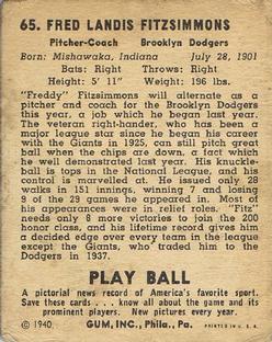 1940 Play Ball #65 Freddie Fitzsimmons Back