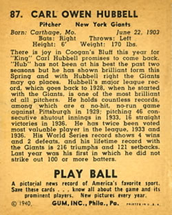 1940 Play Ball #87 Carl Hubbell Back