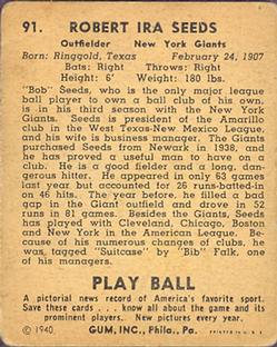 1940 Play Ball #91 Bob Seeds Back