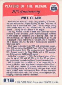 1990 Fleer #630 Will Clark Back