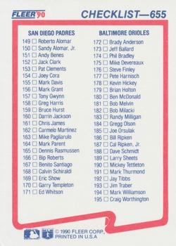 1990 Fleer #655 Checklist: Royals / Angels / Padres / Orioles Back