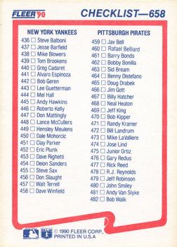 1990 Fleer #658 Checklist: Dodgers / Reds / Yankees / Pirates Back