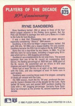 1990 Fleer #625 Ryne Sandberg Back
