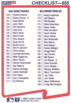 1990 Fleer #655 Checklist: Royals / Angels / Padres / Orioles Back