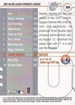 2002 Topps Ten - Die Cuts #158 Javier Vazquez Back