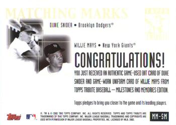2002 Topps Tribute - Matching Marks Dual Relics #MM-SM Duke Snider / Willie Mays Back