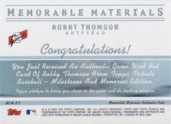 2002 Topps Tribute - Memorable Materials #MEM-BT Bobby Thomson Back