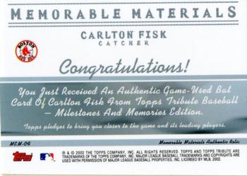 2002 Topps Tribute - Memorable Materials #MEM-CF Carlton Fisk Back