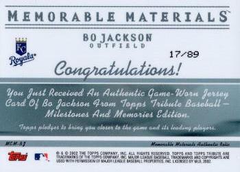 2002 Topps Tribute - Memorable Materials Season #MEM-BJ Bo Jackson Back