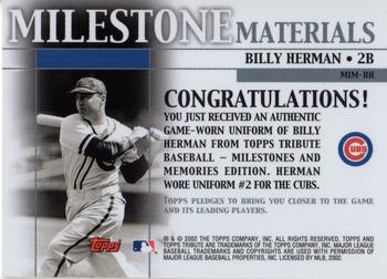 2002 Topps Tribute - Milestone Materials #MIM-BH Billy Herman Back